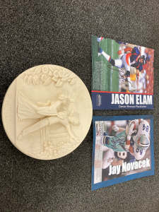 Collectible Clay Carved Plate And Jason Elam And Jay Novacek Autographs