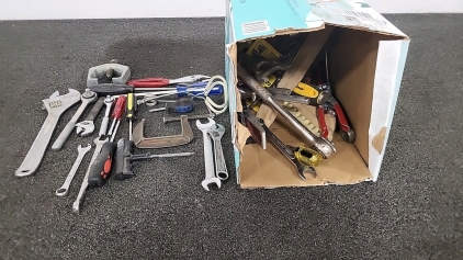 Box of Phillips and Flat Head Screw Drivers, Wrenches, C Clamps and More