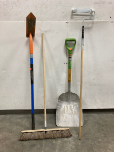 Aluminum Shovel, Roll Paint Brush Tall, Kobalt Shovel, And Large Broom