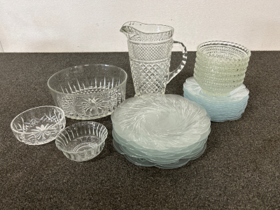 Assorted Glassware Includes; Salad/ Dinner Plates, Dessert Bowls, Pitcher and More