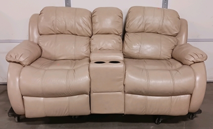 Tan/Beige Leather-Like Reclining Loveseat Sofa