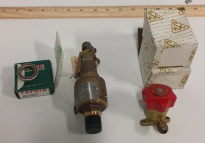 (1) Flickinger Valve 1/2” Kunkle Valve (1) Fafnir 1” Bearing (2) Tuffy Firged Brass Packless Line Valves