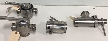 (1) Unknown Brand 2” 90-Degree Bellows Valve (1) (2) Unknown 1-3/4” Circular Valves (1) Lumaco Minidisc 2-1/2” Valve