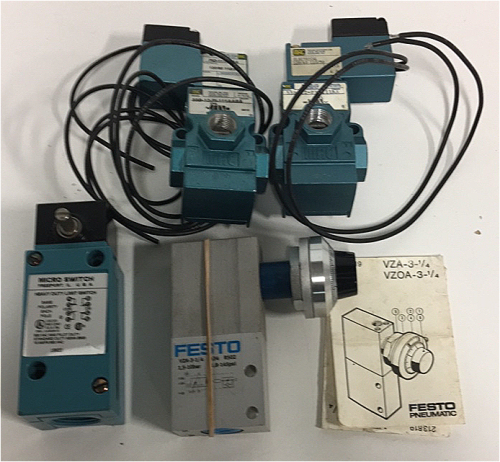 (2) MAC 6.8 Volt Solenoid Valves (1) Festo Pneumatic Pneumaticaly Acuated Time Delay Valve (1) Micro Switch Solenoid Valve