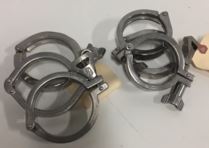 (3) Sanitary Stainless Steel 3” Tri Clamp Mounting Clamps (3) Sanitary Stainless Steel 2-3/4” Tri Clamp Mounting Clamps