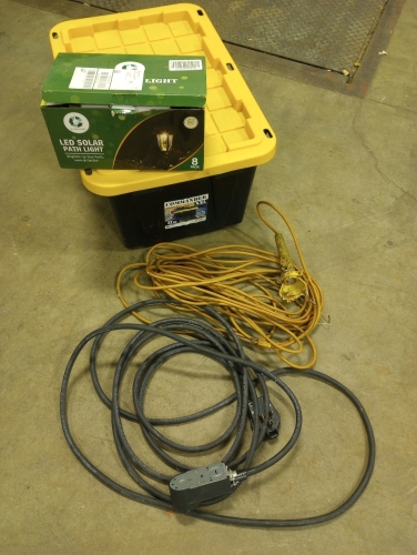 (1) 220 Volt 10' Extension Cord (1) Drop Light (4) LED Solar Path Light (1) Commander XXL 27-Gallon Tote