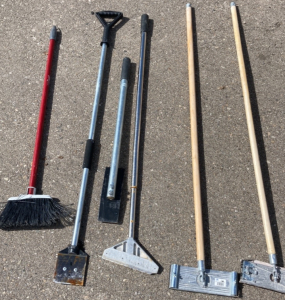 (2) Long Handle Sanding Pads, (3) Heavy Dity Scrapers, (1) Short Broom