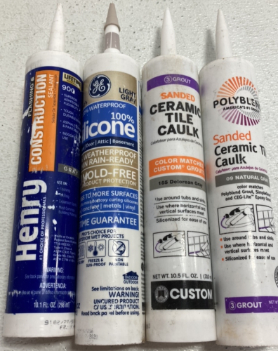 Henry Gray Construction Sealant, GE Light Gray Waterproof Silicone, Delorean Gray Sanded Ceramic Tile Caulk, Natural Gray Sanded Ceramic Tile Caulk