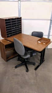 Adjustable Height Desk, Chairs, Paperwork Sorter & Inbox, Shelf Stand