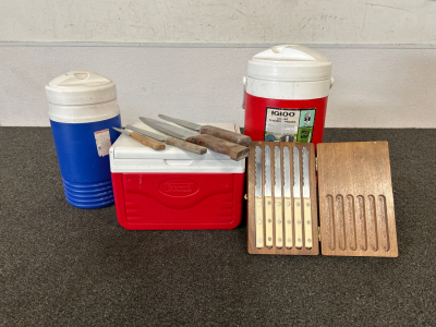 3 Small Coolers, Steak Knife Set, and Pierre Santini Knives