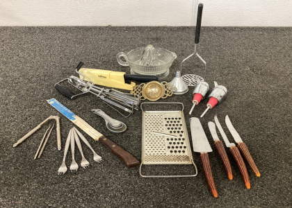 Box Of Vintage Kitchenwares, Knives, Gadgets And More