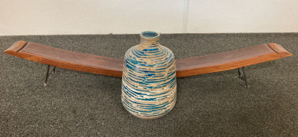 Wooden Cheese Server And Blue And Brown Vase