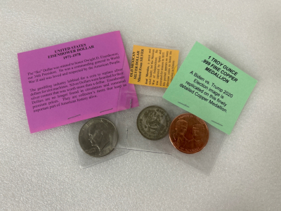 United States Eisenhower Dollar, Old Mexican Silver Dollar, and 1 Troy Ounce .999 Fine Copper Medallion