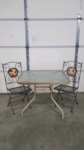 Glass Top Patio Table with Folding Metal Chairs