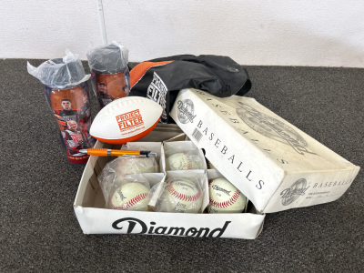 (6) Diamond Brand Baseballs, Snall Football, 2 Project Filter Cups and More