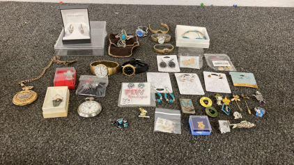 Fine Silver Plate Earrings, Pocket Watches, Watches, Earrings, Rings, Pins, and More