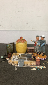 Gemmy Abott & Costello Animated Dolls, Cufflinks, Belt Buckles, Key Chains, Bolo Ties, Vintage Maurice Ceramic Apple Basket, and More