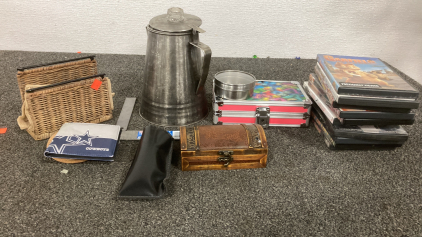 Vintage Stainless Steal 6 cup Coffee Percolator, Stack of Movies, Small Jewelry Box,