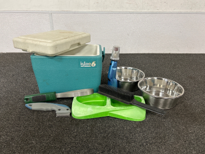 Pet Food/Water Bowls and Grooming Accessories, as well as an Igloo Cooler