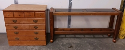 Vintage Wood Chest of Drawers and Glass-Topped Hall Table