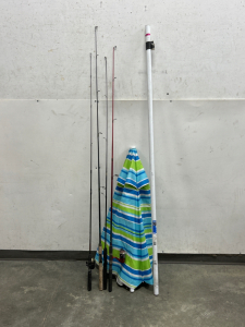 (4) Fishing Poles and Outdoor Umbrella