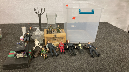 Action Figures, Wooden Car Inside of Wooden Box, and More