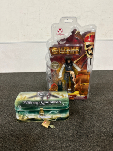 Pirates of the Caribbean Jack Sparrow Figure and Lock Box With Coins/ Tokens (Treasure)