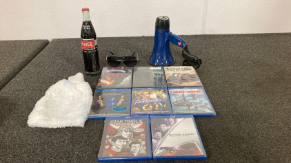 DVD&rsquo;s, Blu-Ray Discs, 2002 Coca-Cola 500 ml Glass Bottle, Bullhorn And Sunglasses