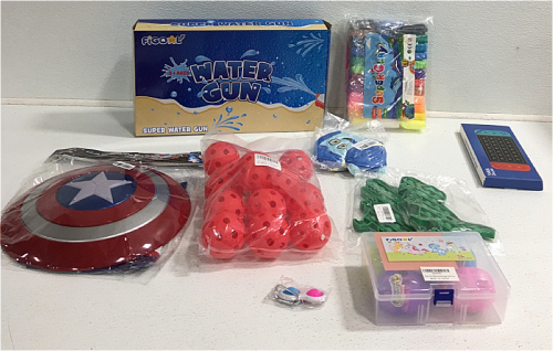 Water Gun, Sheild, Wiffle Balls, Stuffed Toy, (2) Dino Fidgets, Clay And More