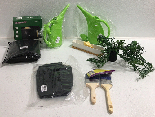 Screen, Expandable Hose, (2) Watering Cans, Paint Brushes, Artificial Plant And More