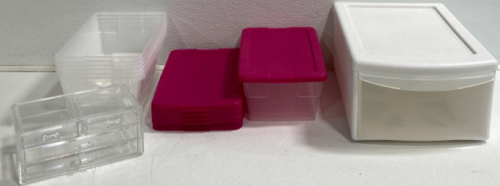 Cosmetic Organizer, (7) Plastic Tubs With Pink Lids, Plastic Tub With Drawer