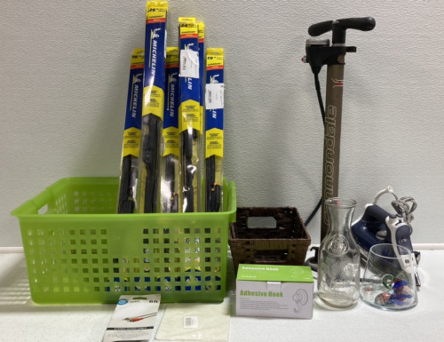 Plastic Bin, Basket, Bike Pump, Iron, (7) Various Sized Windshield Wipers, Glass Bottle, Glass Ocean Figures And More