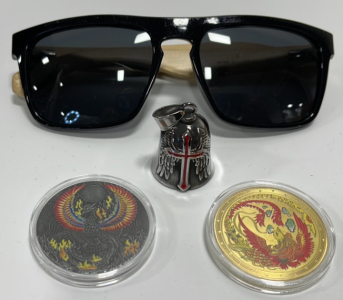 (1) Pair Pugs Sunglasses, (2) Collector Coins, (1) Red Cross/Angel Wings Bell