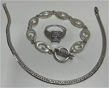 (1) Guess Ladies Bracelet, (1) Silver Ladies Anklet, (1) Silver Toned Ladies Ring Size 8-1/2