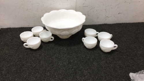 Milk Glass Punch Bowl And Cups