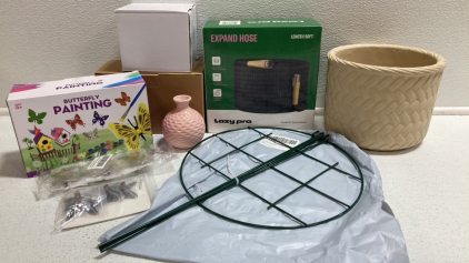 Expanding Hose, Ceramic Pot, (2) Small Vases, Solar Path Lights, Butterfly Painting Kit, Butterfly Clips, Butterfly Drawer Pulls, Plant Supports