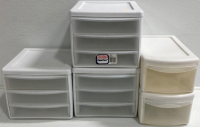 (5) Mini Plastic Storage Bins With Drawers