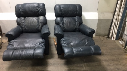 (2)Matching Navy Blue Leather Rocking Recliners