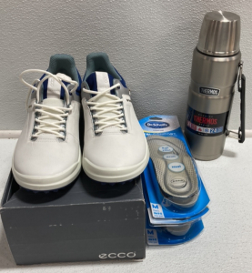 Ecco Men’s 9-9.5 Golf Shoes, Thermos, (3) Men’s Dr. Scholl’s Insoles