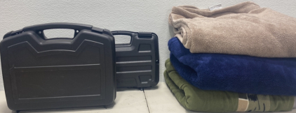 (2) Small Hand Gun Cases, (3) Various Designs Blanket