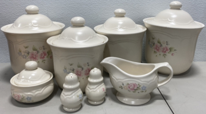 Entire White Glass Flower Kitchen Set! Salt+Pepper Shakers! 4 Various Sized Jars, and more!!
