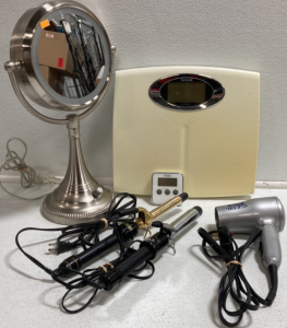 Hot Shot Tools Curling Iron, Conair Curling Iron and Hairdryer, Light up Mirror, Weight Scale, Timer