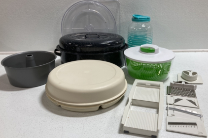 Black Metal Pot, Salad Spinner, Tupperware Chip Dip Platter, Bundt Cake Pan, The Pampered Chef Mandolin, Tea Jar