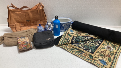 Floral Tapestry, (4) Various Purses, Water Bottle, Small Vase, Japanese Crock, (3) Various Lids