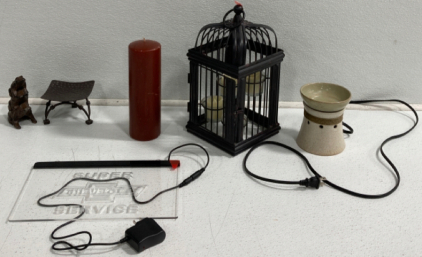 Decorative Bird Cage, Candle, Hooks, Frog Statue, Oil Burner, Chevy Light