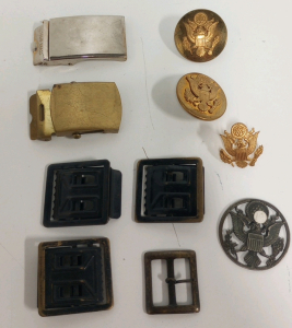 (6) Vintage US Military Belt Buckles (3) US Army Insignia Dress Cap Pins (1) Vintage US Army Insignia Unmarked Hat Pin