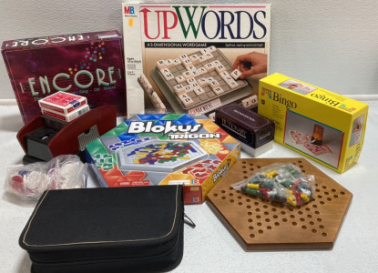 Family Board Games: UpWords, Encore, Bingo, Blokus, Chinese Checkers, Mexican Train Dominos, Poker Chips, Playing Cards and Shuffler, Pictionary Cards