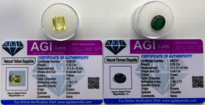 (1) 8.25ct Natural Yellow Sapphire , (1) 8.05ct Natural Chrome Diopside . (Both W/ COA)