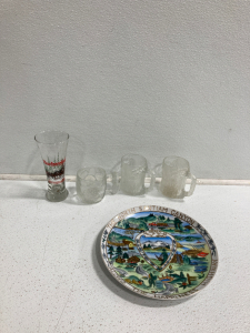 (3) Flintstones Mugs, Budweiser Beer Mug , The North Santiago Canyon Plate