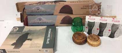 Pacific Coast Traip Fishing bag-(2) 2 person Dome Tents-(3) Coca Cola glasses and more